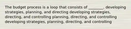 The budget process is a loop that consists of ________. developing strategies, planning, and directing developing strategies, directing, and controlling planning, directing, and controlling developing strategies, planning, directing, and controlling