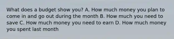 What does a budget show you? A. How much money you plan to come in and go out during the month B. How much you need to save C. How much money you need to earn D. How much money you spent last month