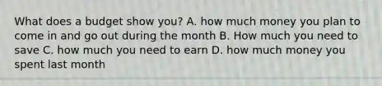 What does a budget show you? A. how much money you plan to come in and go out during the month B. How much you need to save C. how much you need to earn D. how much money you spent last month