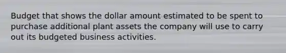 Budget that shows the dollar amount estimated to be spent to purchase additional plant assets the company will use to carry out its budgeted business activities.