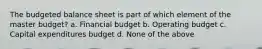 The budgeted balance sheet is part of which element of the master budget? a. Financial budget b. Operating budget c. Capital expenditures budget d. None of the above