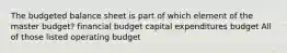 The budgeted balance sheet is part of which element of the master budget? financial budget capital expenditures budget All of those listed operating budget