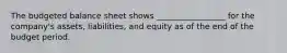 The budgeted balance sheet shows _________________ for the company's assets, liabilities, and equity as of the end of the budget period.