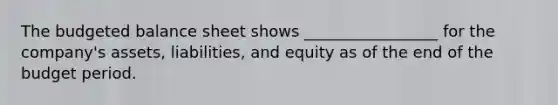 The budgeted balance sheet shows _________________ for the company's assets, liabilities, and equity as of the end of the budget period.