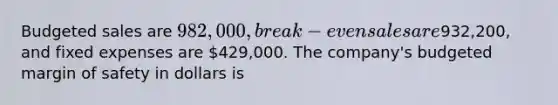 Budgeted sales are 982,000, break-even sales are932,200, and fixed expenses are 429,000. The company's budgeted margin of safety in dollars is