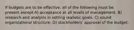 If budgets are to be effective, all of the following must be present except A) acceptance at all levels of management. B) research and analysis in setting realistic goals. C) sound organizational structure. D) stockholders' approval of the budget.