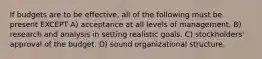 If budgets are to be effective, all of the following must be present EXCEPT A) acceptance at all levels of management. B) research and analysis in setting realistic goals. C) stockholders' approval of the budget. D) sound organizational structure.
