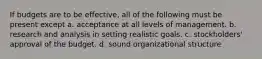 If budgets are to be effective, all of the following must be present except a. acceptance at all levels of management. b. research and analysis in setting realistic goals. c. stockholders' approval of the budget. d. sound organizational structure