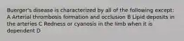 Buerger's disease is characterized by all of the following except: A Arterial thrombosis formation and occlusion B Lipid deposits in the arteries C Redness or cyanosis in the limb when it is dependent D