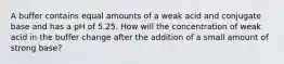 A buffer contains equal amounts of a weak acid and conjugate base and has a pH of 5.25. How will the concentration of weak acid in the buffer change after the addition of a small amount of strong base?