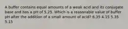 A buffer contains equal amounts of a weak acid and its conjugate base and has a pH of 5.25. Which is a reasonable value of buffer pH after the addition of a small amount of acid? 6.35 4.15 5.35 5.15