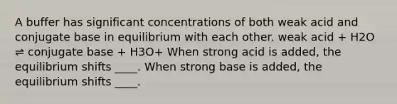 A buffer has significant concentrations of both weak acid and conjugate base in equilibrium with each other. weak acid + H2O ⇌ conjugate base + H3O+ When strong acid is added, the equilibrium shifts ____. When strong base is added, the equilibrium shifts ____.