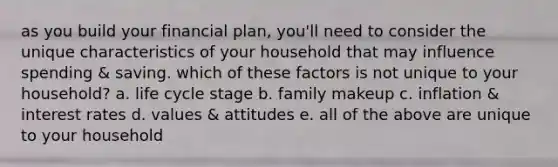 as you build your financial plan, you'll need to consider the unique characteristics of your household that may influence spending & saving. which of these factors is not unique to your household? a. life cycle stage b. family makeup c. inflation & interest rates d. values & attitudes e. all of the above are unique to your household