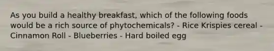 As you build a healthy breakfast, which of the following foods would be a rich source of phytochemicals? - Rice Krispies cereal - Cinnamon Roll - Blueberries - Hard boiled egg