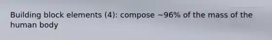 Building block elements (4): compose ~96% of the mass of the human body