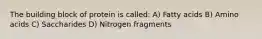 The building block of protein is called: A) Fatty acids B) Amino acids C) Saccharides D) Nitrogen fragments