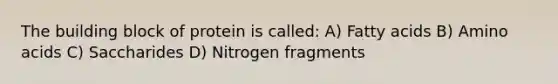 The building block of protein is called: A) Fatty acids B) Amino acids C) Saccharides D) Nitrogen fragments