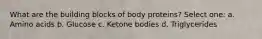 What are the building blocks of body proteins? Select one: a. Amino acids b. Glucose c. Ketone bodies d. Triglycerides