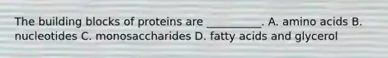 The building blocks of proteins are __________. A. amino acids B. nucleotides C. monosaccharides D. fatty acids and glycerol