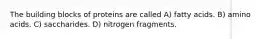 The building blocks of proteins are called A) fatty acids. B) amino acids. C) saccharides. D) nitrogen fragments.