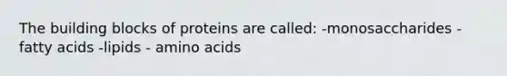 The building blocks of proteins are called: -monosaccharides - fatty acids -lipids - amino acids