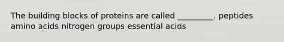 The building blocks of proteins are called _________. peptides amino acids nitrogen groups essential acids