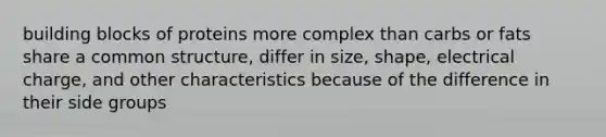 building blocks of proteins more complex than carbs or fats share a common structure, differ in size, shape, electrical charge, and other characteristics because of the difference in their side groups