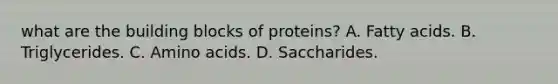 what are the building blocks of proteins? A. Fatty acids. B. Triglycerides. C. <a href='https://www.questionai.com/knowledge/k9gb720LCl-amino-acids' class='anchor-knowledge'>amino acids</a>. D. Saccharides.