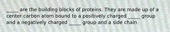 _____ are the building blocks of proteins. They are made up of a center carbon atom bound to a positively charged _____ group and a negatively charged _____ group and a side chain.