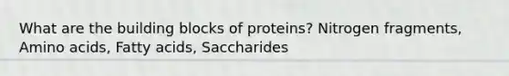 What are the building blocks of proteins? Nitrogen fragments, Amino acids, Fatty acids, Saccharides