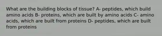 What are the building blocks of tissue? A- peptides, which build amino acids B- proteins, which are built by amino acids C- amino acids, which are built from proteins D- peptides, which are built from proteins