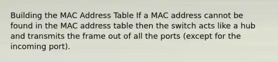 Building the MAC Address Table If a MAC address cannot be found in the MAC address table then the switch acts like a hub and transmits the frame out of all the ports (except for the incoming port).