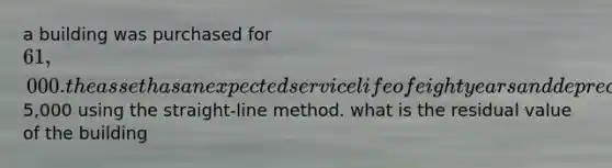 a building was purchased for 61,000. the asset has an expected service life of eight years and depreciation expense for each year is5,000 using the straight-line method. what is the residual value of the building