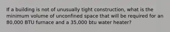 If a building is not of unusually tight construction, what is the minimum volume of unconfined space that will be required for an 80,000 BTU furnace and a 35,000 btu water heater?