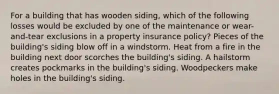 For a building that has wooden siding, which of the following losses would be excluded by one of the maintenance or wear-and-tear exclusions in a property insurance policy? Pieces of the building's siding blow off in a windstorm. Heat from a fire in the building next door scorches the building's siding. A hailstorm creates pockmarks in the building's siding. Woodpeckers make holes in the building's siding.