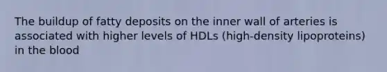 The buildup of fatty deposits on the inner wall of arteries is associated with higher levels of HDLs (high-density lipoproteins) in the blood