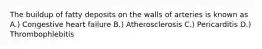 The buildup of fatty deposits on the walls of arteries is known as A.) Congestive heart failure B.) Atherosclerosis C.) Pericarditis D.) Thrombophlebitis