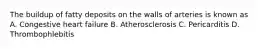 The buildup of fatty deposits on the walls of arteries is known as A. Congestive heart failure B. Atherosclerosis C. Pericarditis D. Thrombophlebitis