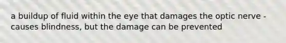 a buildup of fluid within the eye that damages the optic nerve -causes blindness, but the damage can be prevented