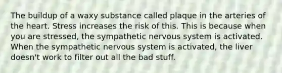 The buildup of a waxy substance called plaque in the arteries of the heart. Stress increases the risk of this. This is because when you are stressed, the sympathetic nervous system is activated. When the sympathetic nervous system is activated, the liver doesn't work to filter out all the bad stuff.