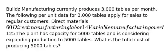 Buildz Manufacturing currently produces 3,000 tables per month. The following per unit data for 3,000 tables apply for sales to regular customers: Direct materials 60 Direct manufacturing labor 14 Variable manufacturing overhead 17 Fixed manufacturing overhead 34 Total manufacturing costs125 The plant has capacity for 5000 tables and is considering expanding production to 5000 tables. What is the total cost of producing 5000 tables?