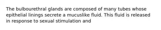 The bulbourethral glands are composed of many tubes whose epithelial linings secrete a mucuslike fluid. This fluid is released in response to sexual stimulation and