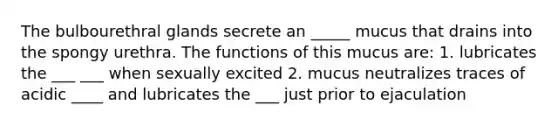 The bulbourethral glands secrete an _____ mucus that drains into the spongy urethra. The functions of this mucus are: 1. lubricates the ___ ___ when sexually excited 2. mucus neutralizes traces of acidic ____ and lubricates the ___ just prior to ejaculation