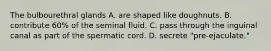 The bulbourethral glands A. are shaped like doughnuts. B. contribute 60% of the seminal fluid. C. pass through the inguinal canal as part of the spermatic cord. D. secrete "pre-ejaculate."