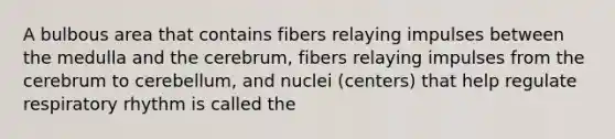 A bulbous area that contains fibers relaying impulses between the medulla and the cerebrum, fibers relaying impulses from the cerebrum to cerebellum, and nuclei (centers) that help regulate respiratory rhythm is called the