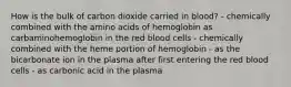 How is the bulk of carbon dioxide carried in blood? - chemically combined with the amino acids of hemoglobin as carbaminohemoglobin in the red blood cells - chemically combined with the heme portion of hemoglobin - as the bicarbonate ion in the plasma after first entering the red blood cells - as carbonic acid in the plasma