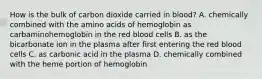 How is the bulk of carbon dioxide carried in blood? A. chemically combined with the amino acids of hemoglobin as carbaminohemoglobin in the red blood cells B. as the bicarbonate ion in the plasma after first entering the red blood cells C. as carbonic acid in the plasma D. chemically combined with the heme portion of hemoglobin