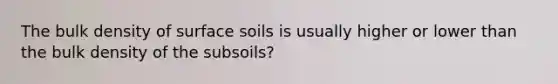 The bulk density of surface soils is usually higher or lower than the bulk density of the subsoils?