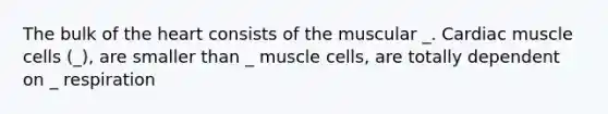 The bulk of the heart consists of the muscular _. Cardiac muscle cells (_), are smaller than _ muscle cells, are totally dependent on _ respiration