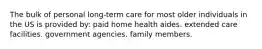 The bulk of personal long-term care for most older individuals in the US is provided by: paid home health aides. extended care facilities. government agencies. family members.